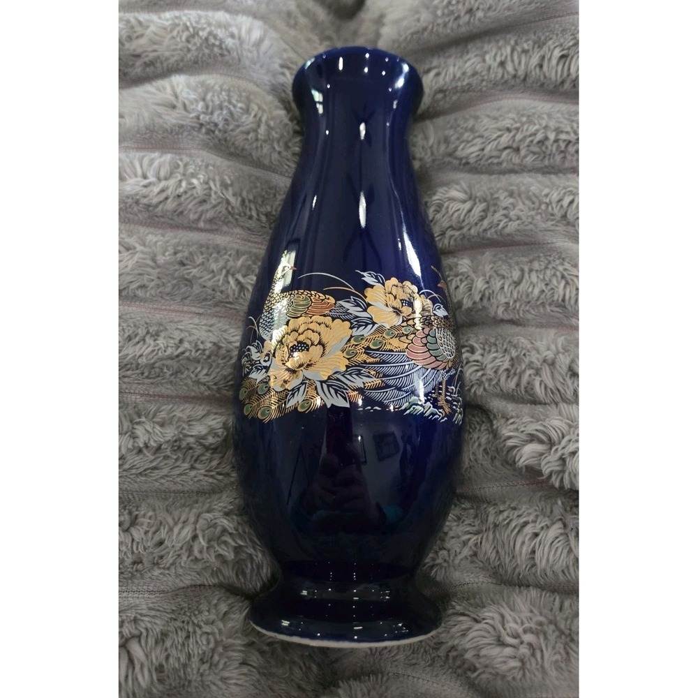 Vintage Cobalt Blue Peacock Porcelain Bud Vase Gold Accents Japanese Style 8.5"
